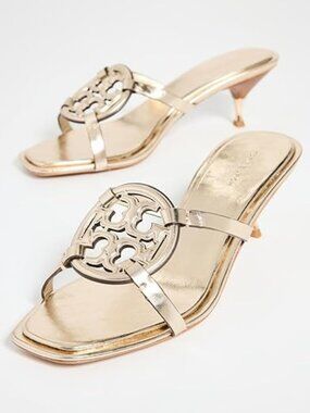 Tory Burch Miller Bombé Low Kitten Heel Sandal Spark Gold 7.5 Crinkled Leather